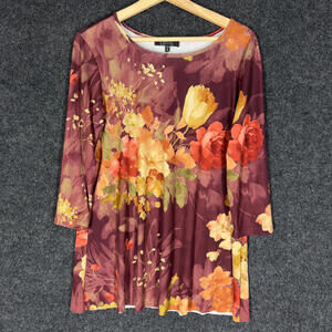 Lbisse Blouse Women M Medium Purple Floral 3/4 Sleeve Round Neck Casual Pullover